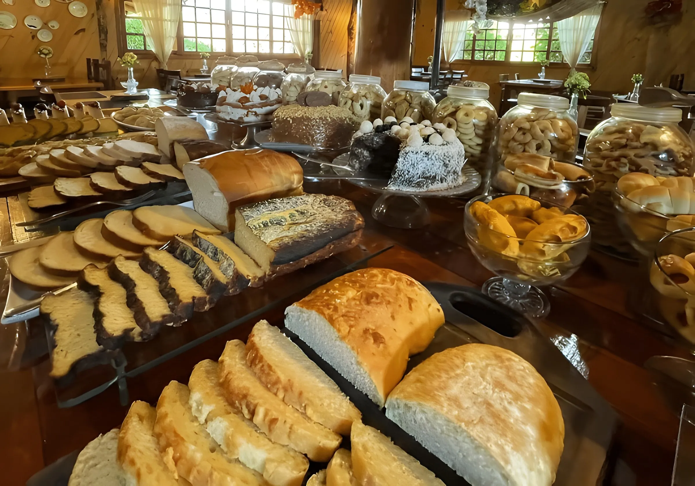 Mesa de café colonial com pães caseiros