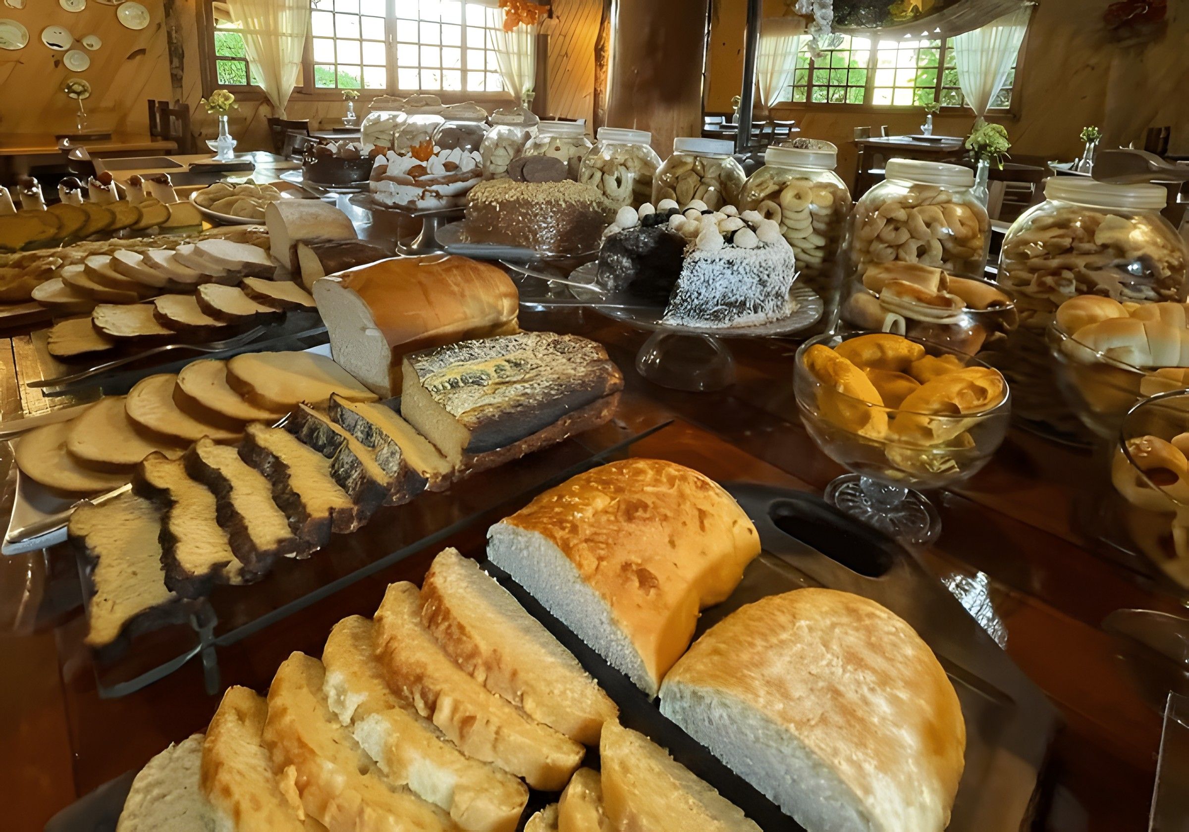 Pães caseiros e bolos na mesa do café colonial