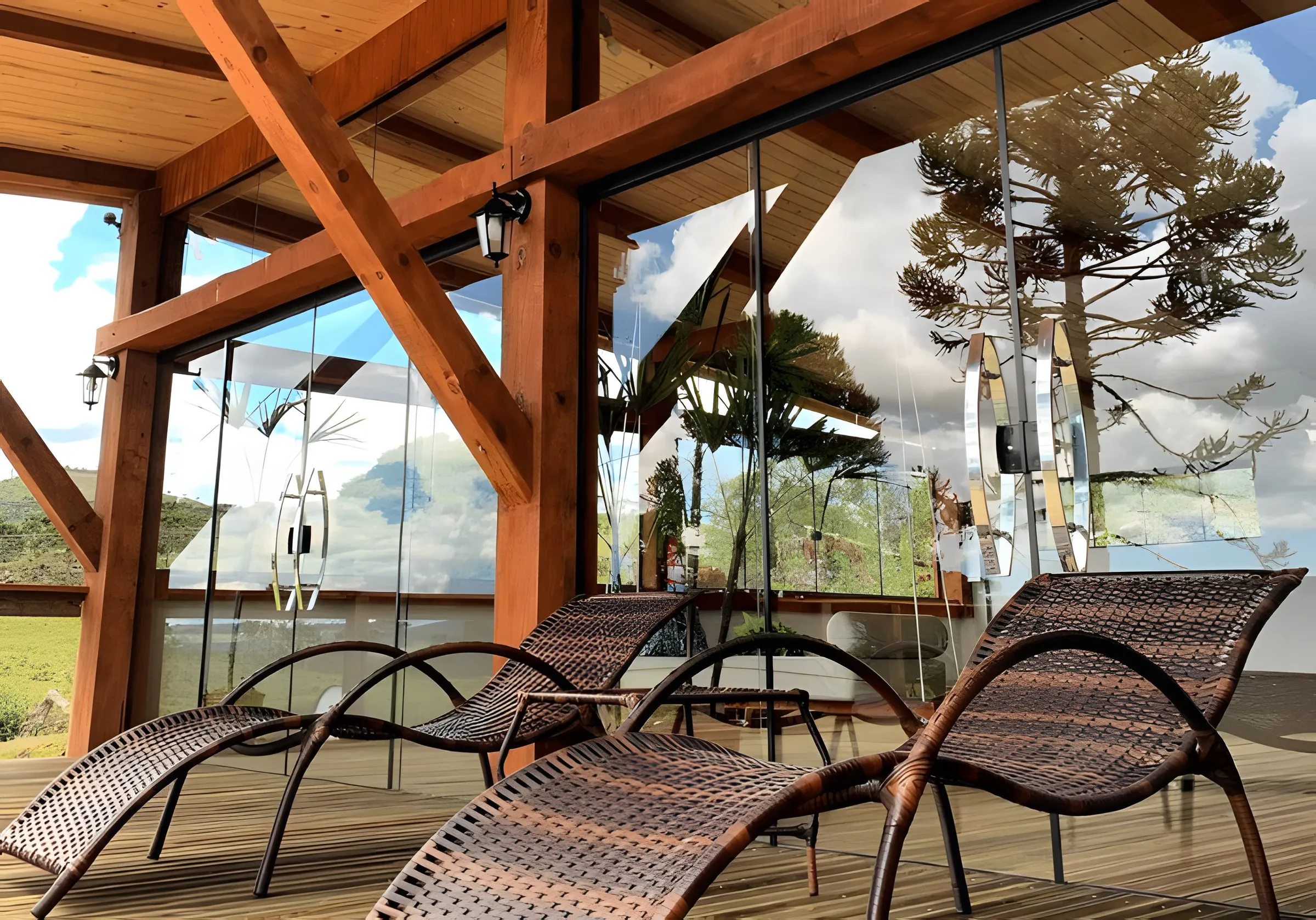 Espreguiçadeiras no deck com vista para as araucárias