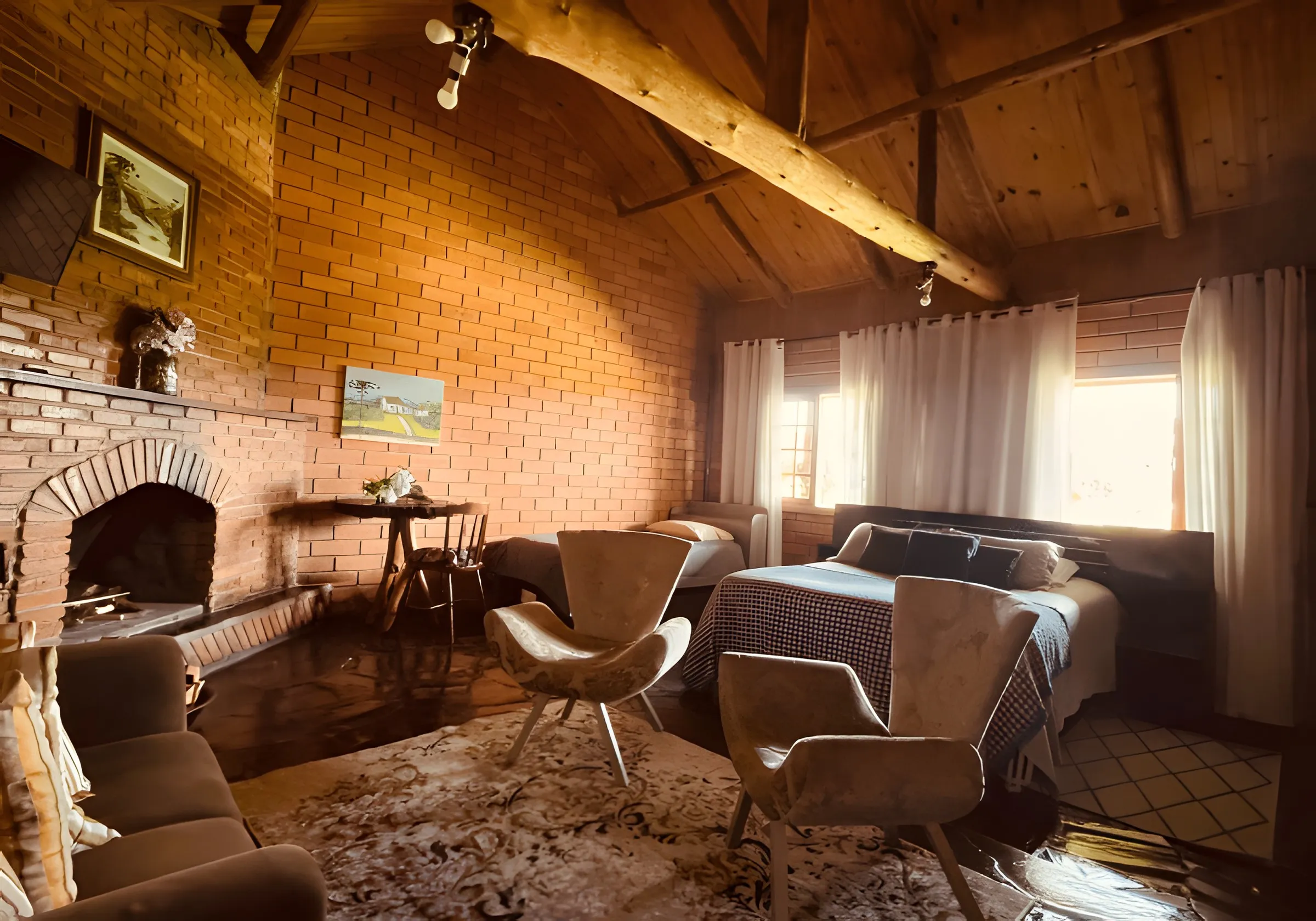 Quarto com lareira de tijolos, poltronas e cama de casal
