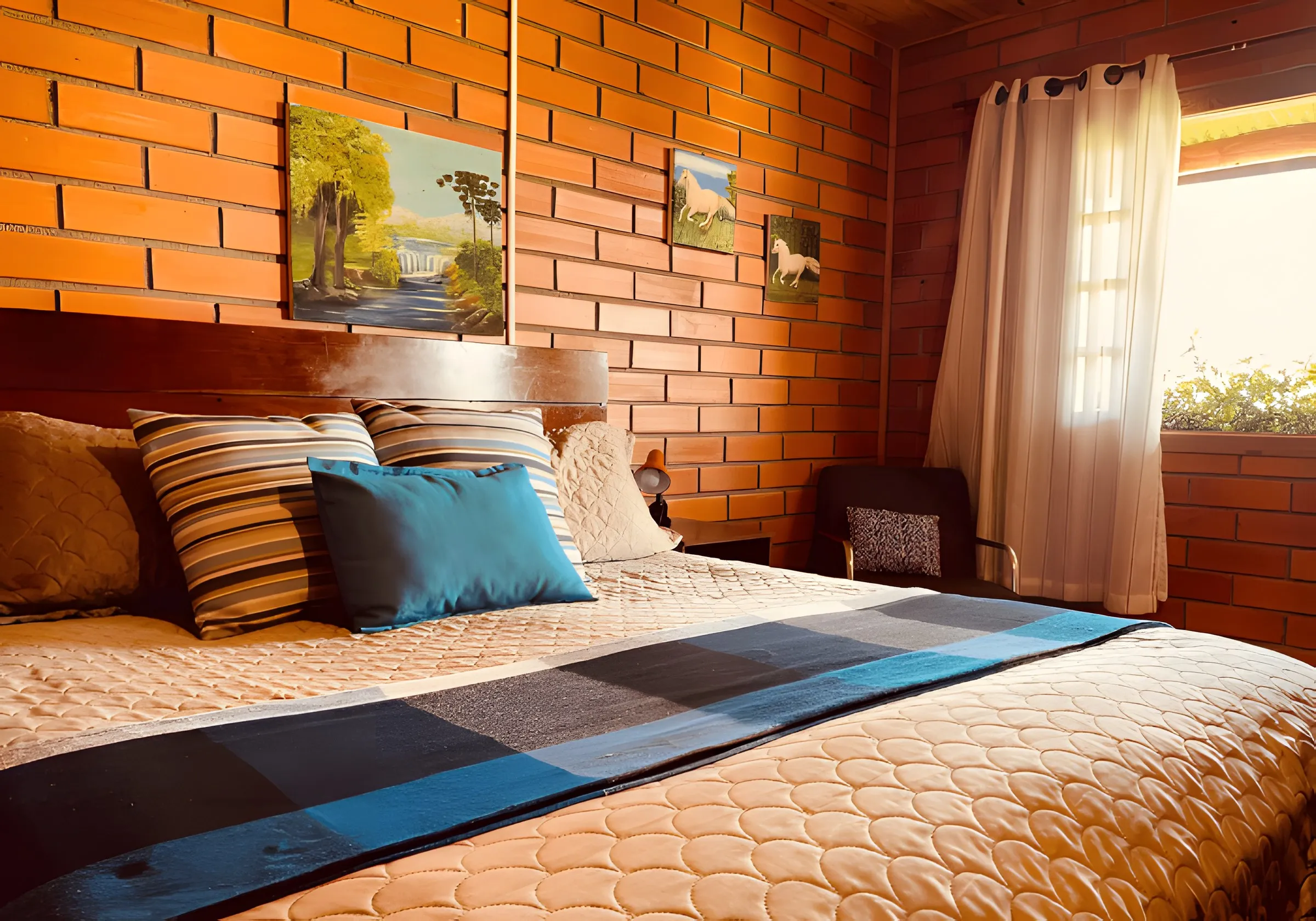 Suíte com cama de casal, parede de tijolos e quadros